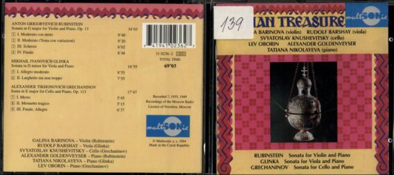 Rubinstein - Sonata for violin and piano, Glinka - Sonata for viola ad piano, Grechaninov - Sonata for cello and piano