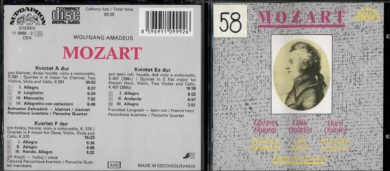 Mozart - Kvintet A dur, Kvintet Es dur, Kvartet F dur