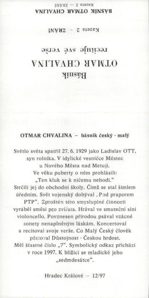 Otmar Chvalina recituje své verše - Zrání