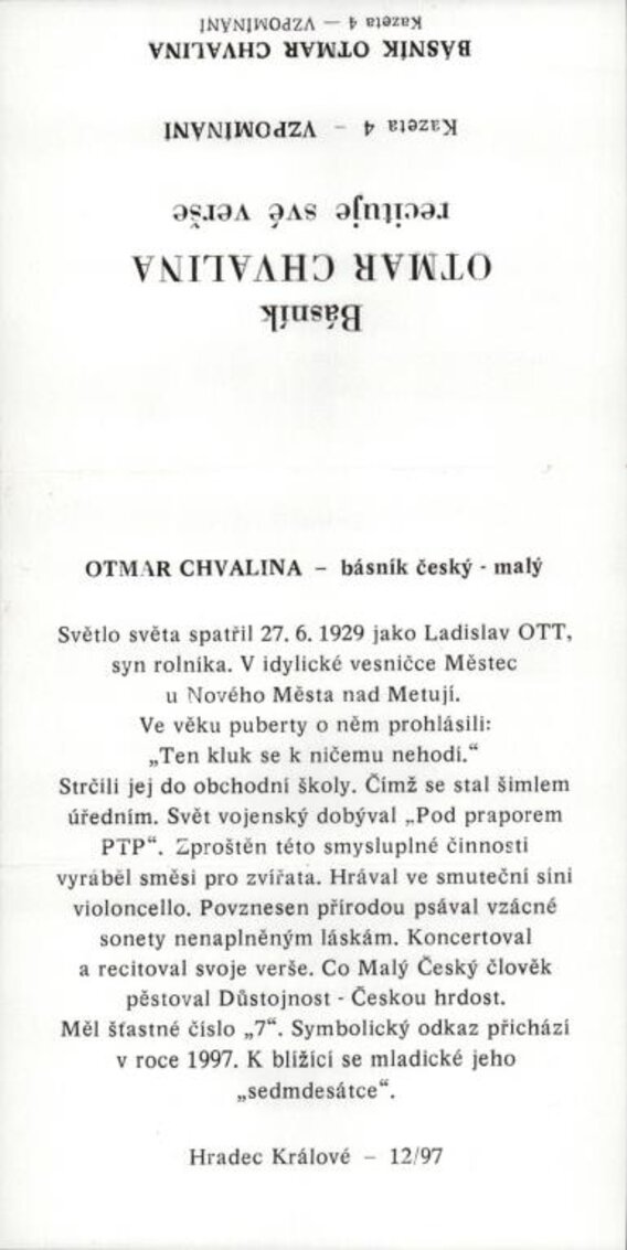 Otmar Chvalina recituje své verše - Vzpomínání