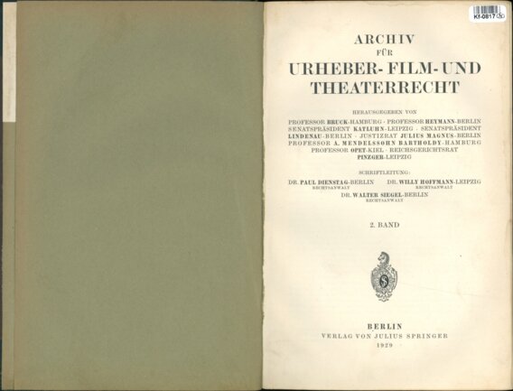 Archiv für Urheber - Film - und Theaterrecht - 2. Band