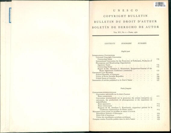 UNESCO COPYRIGHT BULLETIN BULLETIN  DU  DROIT D'AUTEUR BOLETÍN DE DERECHO DE AUTOR