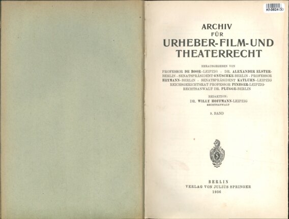 Archiv für Urheber - Film - und Theaterrecht - 9. Band