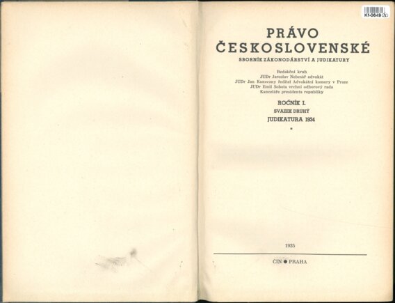 Právo Československé - sborník zákonodárství a judikatury - ročník I. svazek druhý