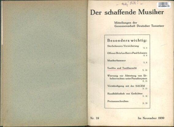 Der schaffende Musiker - Mitteilunged der Genossenschaft Deutscher Tonsetzer