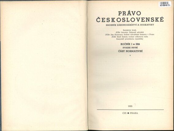 Právo Československé - sborník zákonodárství a judikatury - ročník I. svazek první