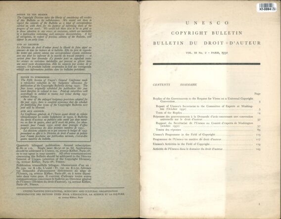 UNESCO COPYRIGHT BULLETIN BULLETIN DU DROIT D'AUTEUR - VOL. III.