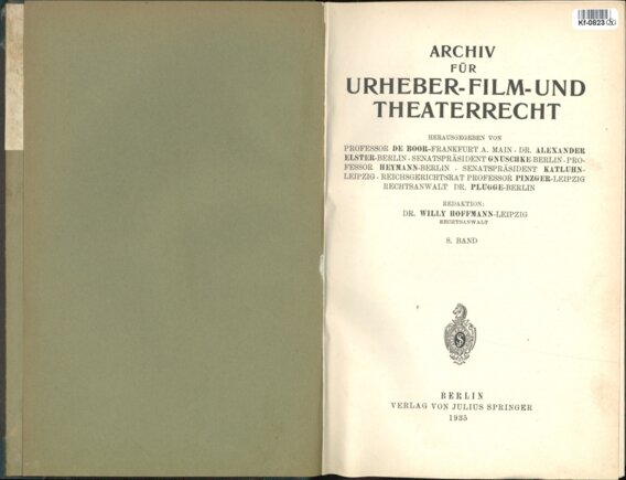 Archiv für Urheber - Film - und Theaterrecht - 8. Band