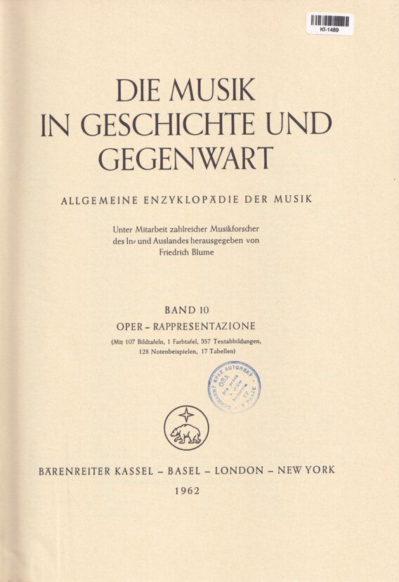Die Musik in Geschichte und Gegenwart, Band 10: Oper - Rappresentatione