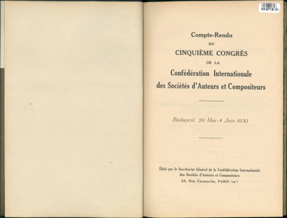 Compte - Rendu du Cinquieme Congres de la Confédération Internationale des Sociétés d'Auteurs et Compositeurs