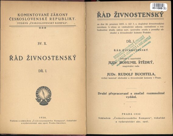 Komentované zákony Československé republiky SV. X - Řád živnostenský Díl I.