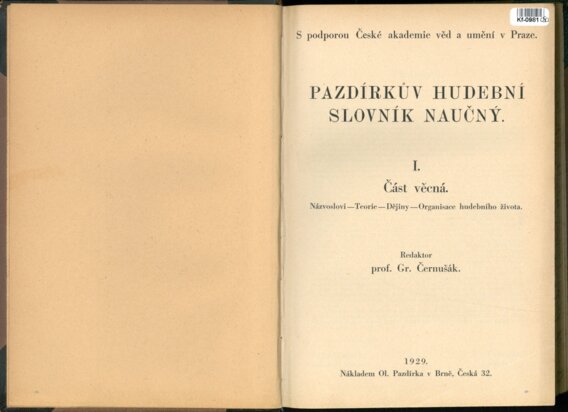 PAZDÍRKŮV HUDEBNÍ SLOVNÍK NAUČNÝ I. - Část věcná