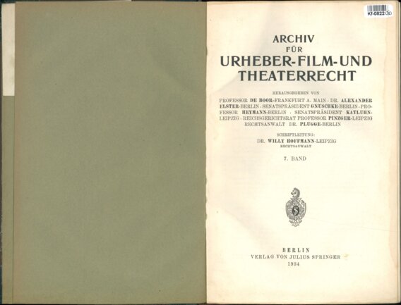 Archiv für Urheber - Film - und Theaterrecht - 7. Band