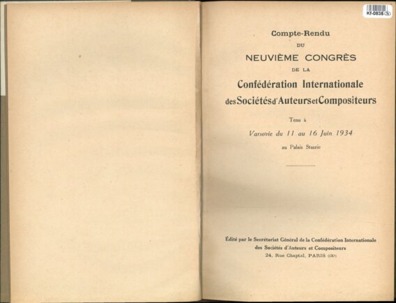 Compte - Rendu du Neuvieme Congres de la Confédération Internationale des Sociétés d'Auteurs et Compositeurs