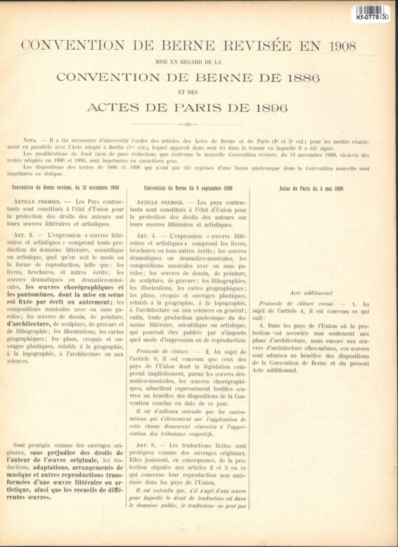 CONVENTION DE BERNE REVISÉE EN 1908 MISE EN REGARD DE LA CONVENTION DE BERNE DE 1886 ACTES DE PARIS DE 1896