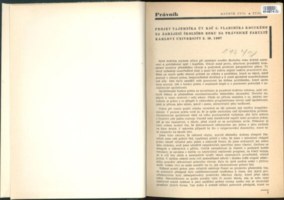 Právník - Projev tajemníka ÚV KSČ S: Vladimíra Kouckého na zahájení školního roku na právnické fakultě Karlovy university 2. 10. 1967